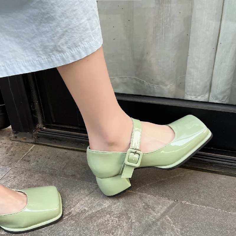Deal Dash Joskka Square Toe Women Mary Janes  Woman Buckle Strap Pumps Ladies Fashion Patent Leather Mid Heels New Female Non Slip Shoes