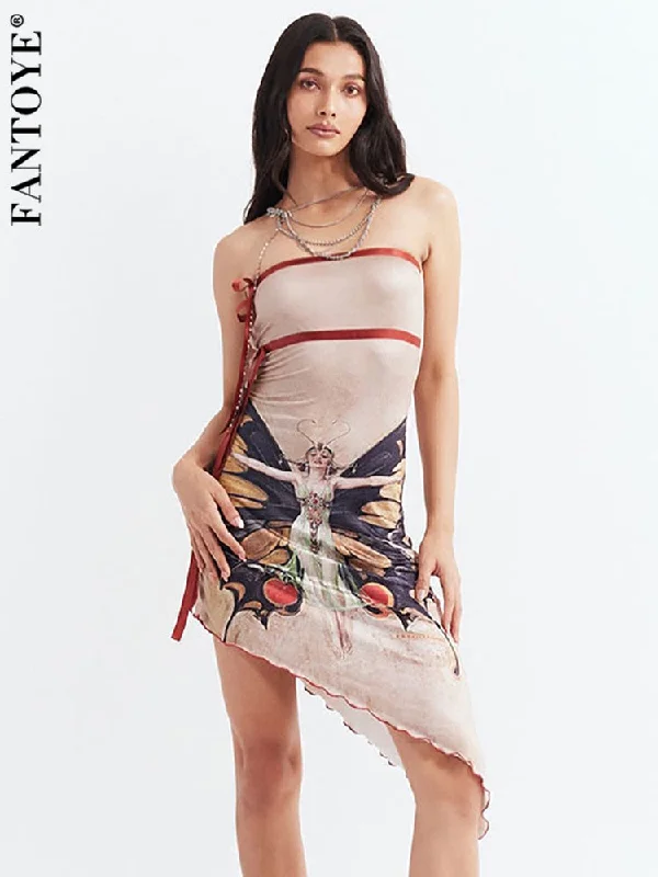 One-DAY Sale Joskka Strapless Print Butterfly Women Dress Apricot Irregular Lace Up Mini Dress Femme Summer Slim Elegant Party Clubwear One-DAY Sale Joskka Strapless Print Butterfly Women Dress Apricot Irregular Lace Up Mini Dress Femme Summer Slim Elegant Party Clubwear