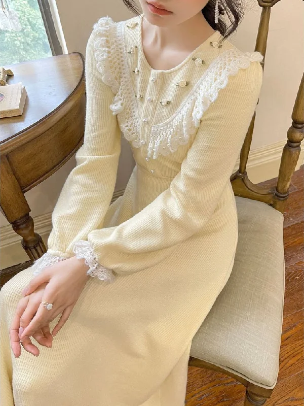 Savings Galore Joskka Sweet Vintage Knitting Dress Women Lace Design Elegant Midi Fairy Dress Lady Casual Korean Style Evening Party Dress Fall Outfits Savings Galore Joskka Sweet Vintage Knitting Dress Women Lace Design Elegant Midi Fairy Dress Lady Casual Korean Style Evening Party Dress Fall Outfits
