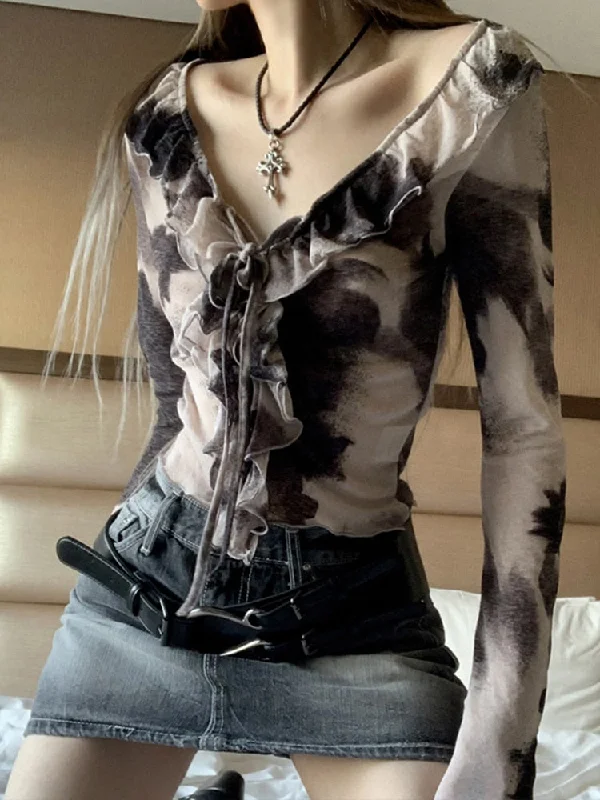 Crazy Deals Joskka Tie Dye T-Shirts Women Y2K Vintage Cropped Tops Female Korean Ruffle Neck Long Sleeve T Shirt Ladies Spicy Girl Aesthetic Tees