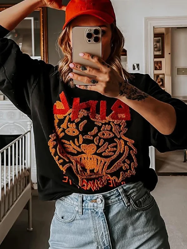 Members Only Joskka Tiger Embroidery Sweatshirts for Women Fashion Hooded Pullovers Vintage Female Loose Sweatshirt Hoodies Tops  Spring Autumn