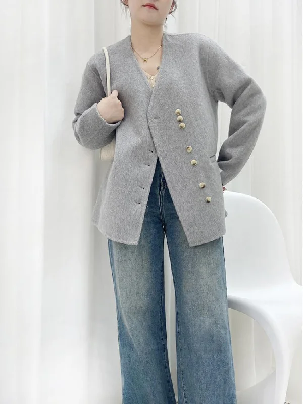 Lowest Price Joskka V-Neck Multi-Button Short Woolen Jackets Women's Elegant Loose Single Breasted Double-Sided Wool Coats Fall Outfits