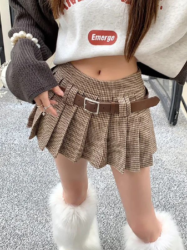 Mega Sale Joskka Vintage Brown Plaid Skirt Women High Waist Belt Korean Houndstooth A-line Pleated Mini Skirt Preppy Style Fall Outfits