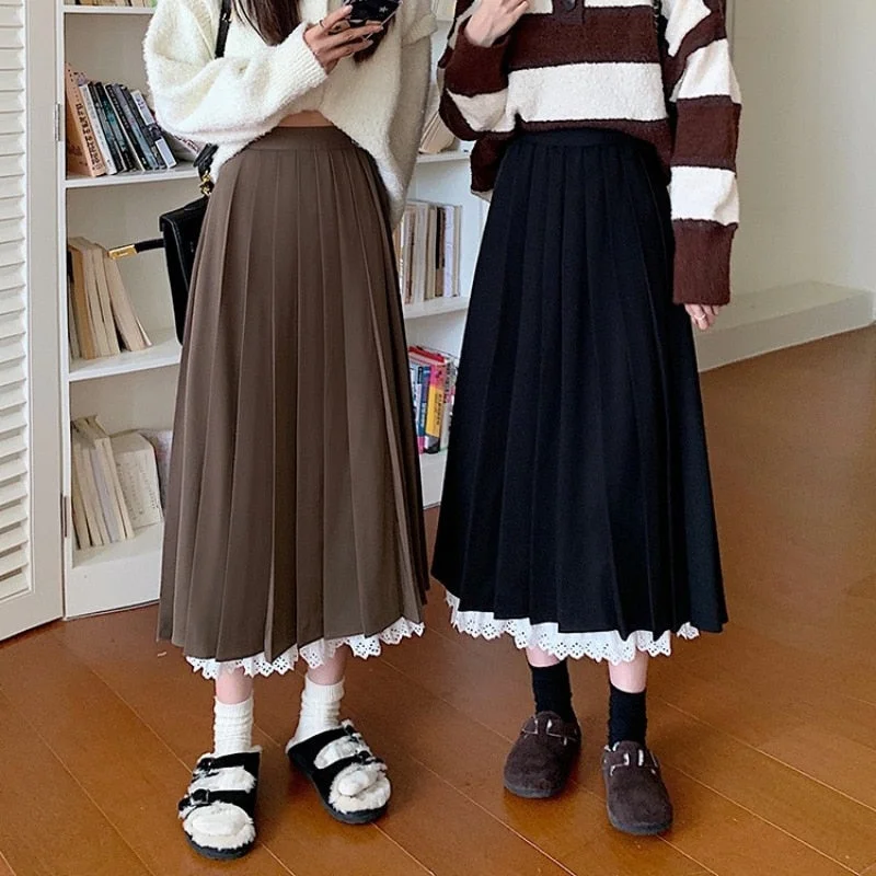 Clearance Event Joskka Vintage Lace Pleated Skirt Women Autumn Winter  Korean Fashion Loose Patchwork High Waist A-line Long Skirt Casual