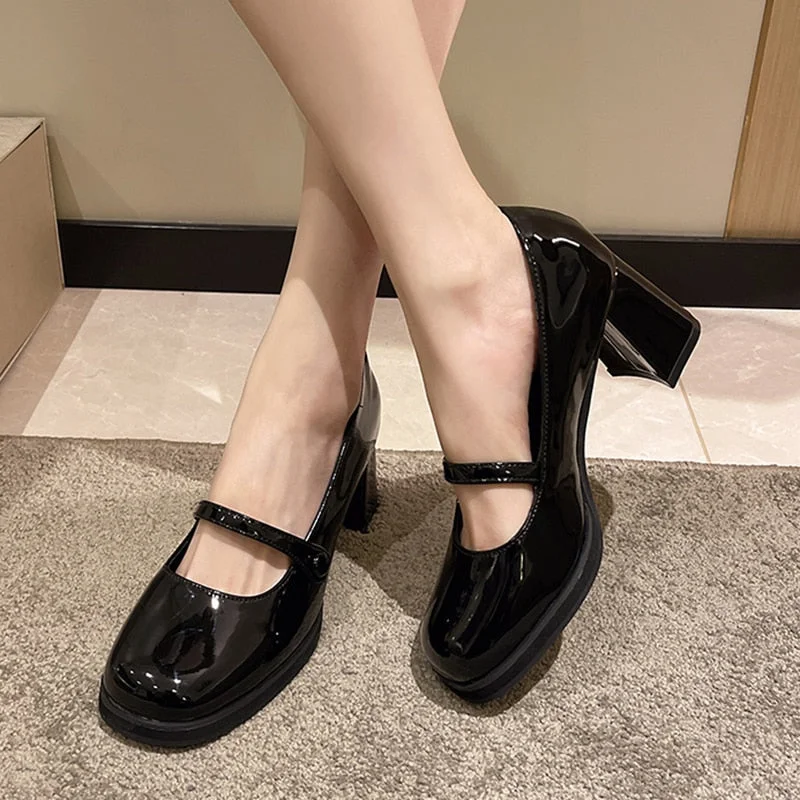 Deep Discounts Joskka Vintage Thick High Heels Mary Jane Shoes Women  Patent Leather Brown Shoes Woman Round Toe Chunky Heels Pumps Autumn Shoes