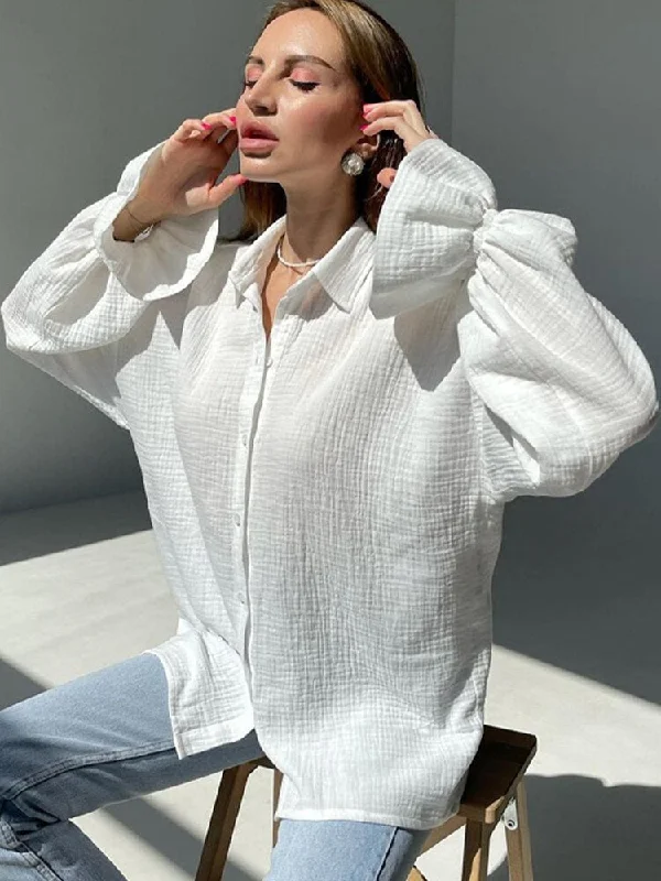 Midnight Madness Joskka White Casual Loose Blouses Women Flare Sleeve Turn-down Collar Cotton Shirts Ladies Single Breasted Tops Fall Outfits