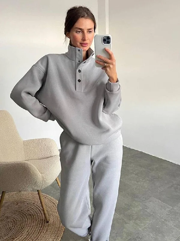 Blowout Deals Joskka  Winter Fleece Sweatshirt Sets Women Solid Two Piece Sets Casual Buttons Stand Collar Loose Pullover High Waist Sports Pants