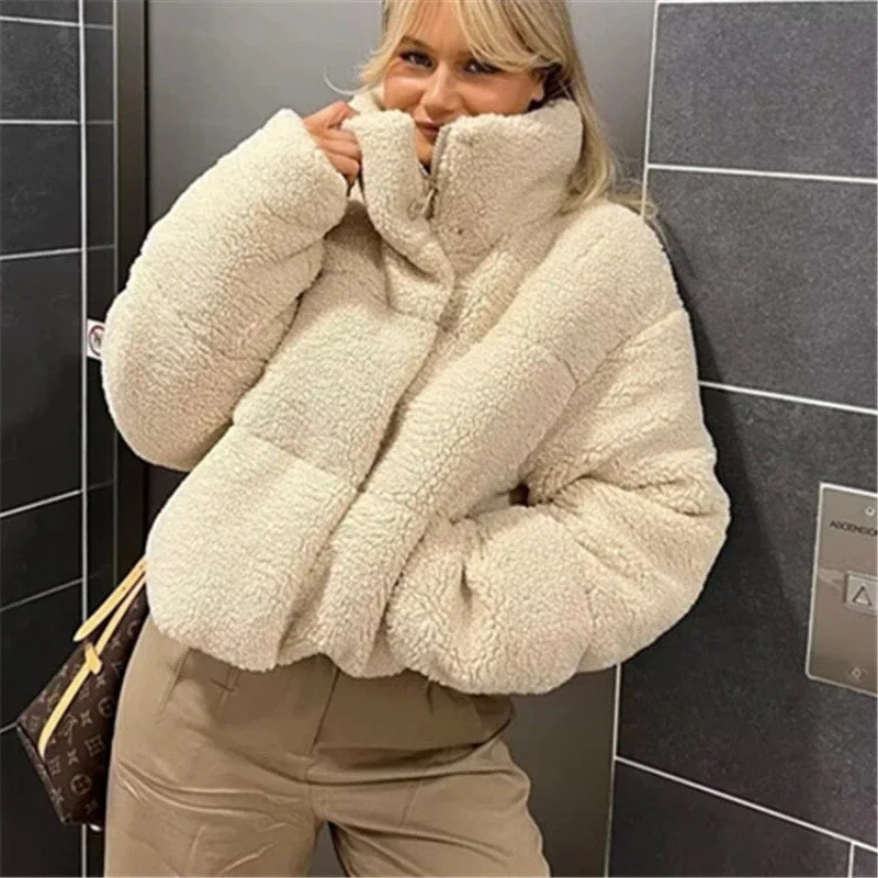 Markdowns Joskka Winter Thick Warm Imitation Lamb Wool Jacket Parkas Women Europe and American Fashion Trend Loose Stand-up Collar Short Top Coat