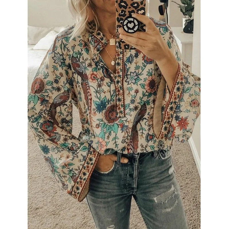 Stock Clearance Joskka  Women Print Blouses Casual Loose Tops Stand V Neck Long Sleeves Button Plus Size Pullover Female Tee Shirts Blouse Fall Outfits