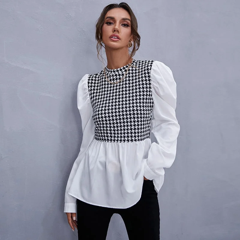 Massive Deals Joskka Women Shirt Fashion Houndstooth Shirt Casual Stitching Long Sleeve Plaid Shirt Chic Office Ladies Blouses Fall Outfits