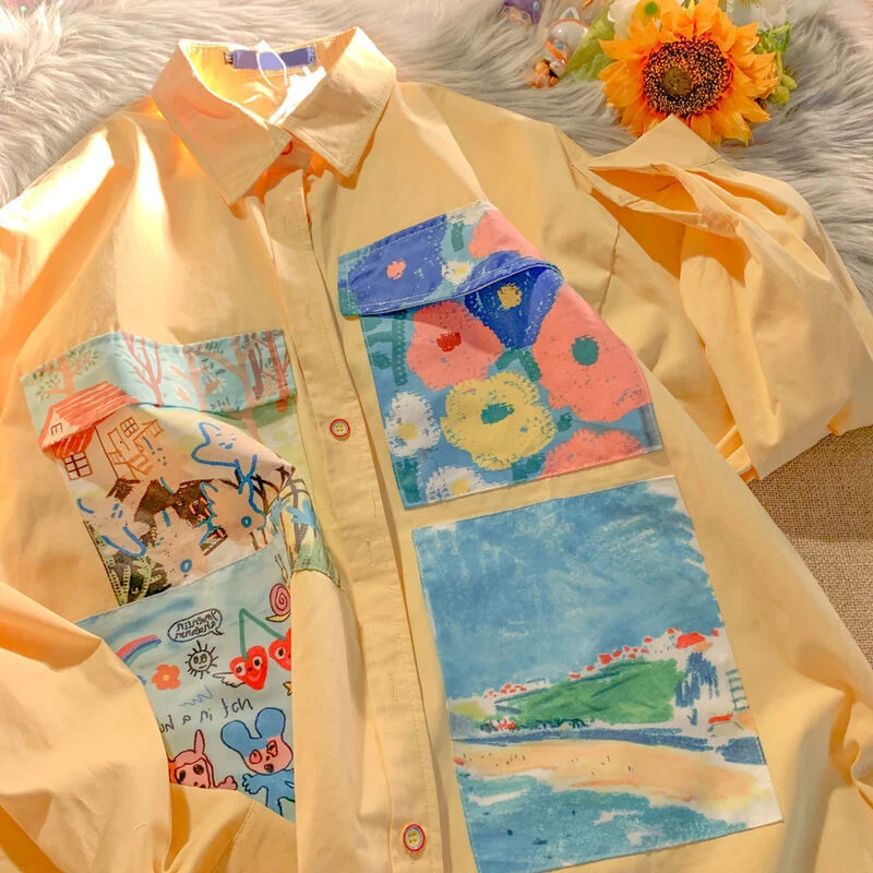Lowest Price Joskka  Yellow Oil Painting Print Shirts Women Spring Autumn Thin Loose Button Up Blouses Long Sleeved Oversize Shirt for Teenage Girls