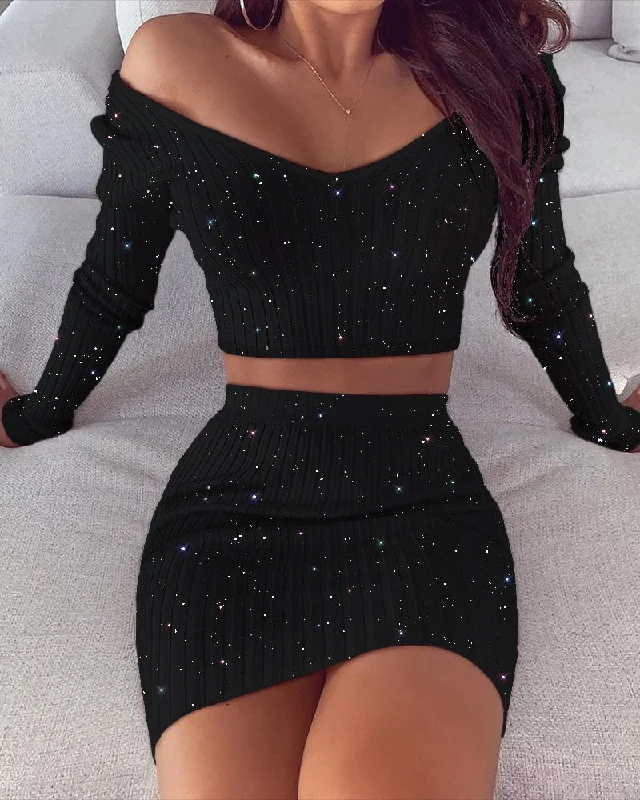Quick Sale Spring Fashion Women Sexy Casual Two-piece Set Suit Sets Bodycon Dress Glitter Off Shoulder Crop Top & Skirt Sets