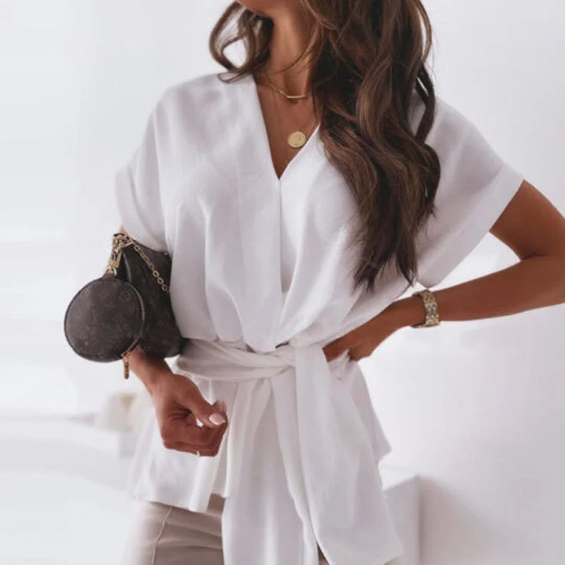 Deal Dash Graduation Gift   Summer New Loose V Neck Blouses Women Short Sleeve Lace up Slim Tops Casual Chic Black White Office Blouses