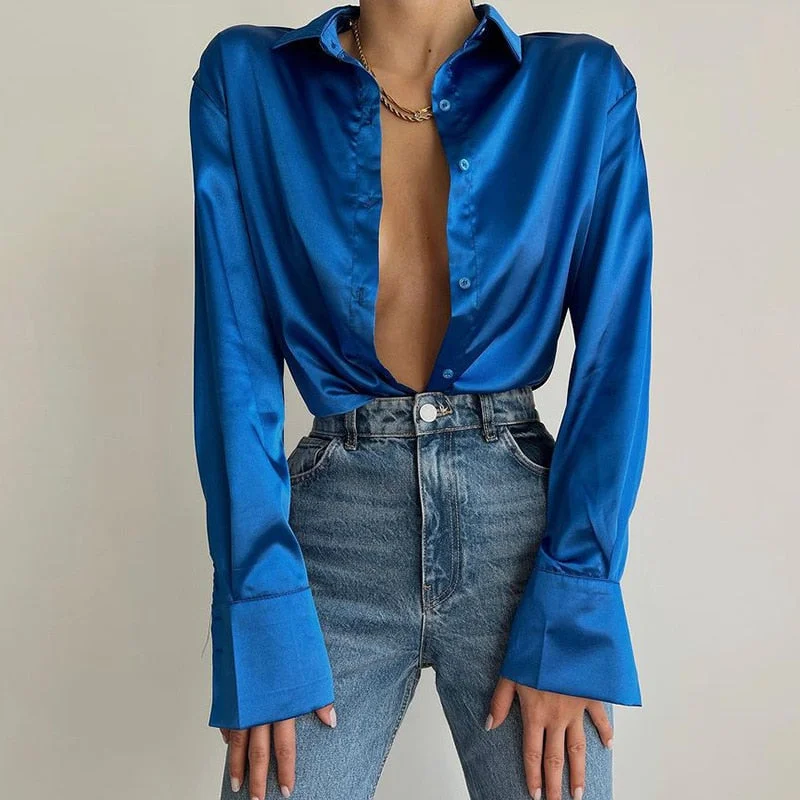 Discount Deals Back to school  Women  Elegant Satin Solid Long Sleeve Blouses Female Chic Vintage Blue Green Casual Loose Buttons Shirts Oversize Top Tunic