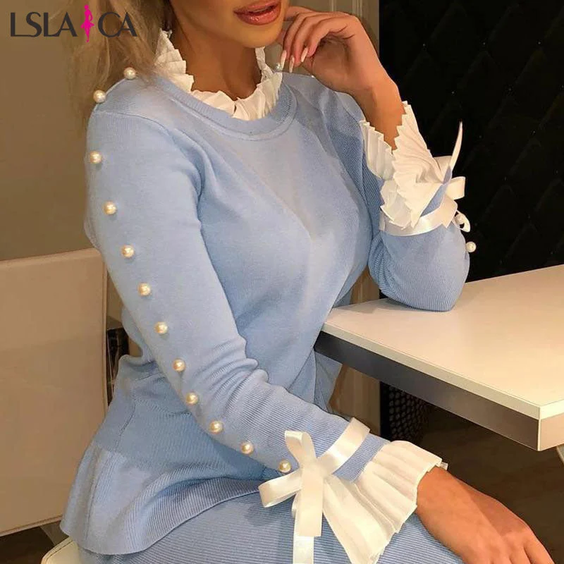 Big Discounts Women long sleeve shirts Bowknot Buttoned Bell Cuff Blouse women blouses casual elegant knit wild office splicing blouses women