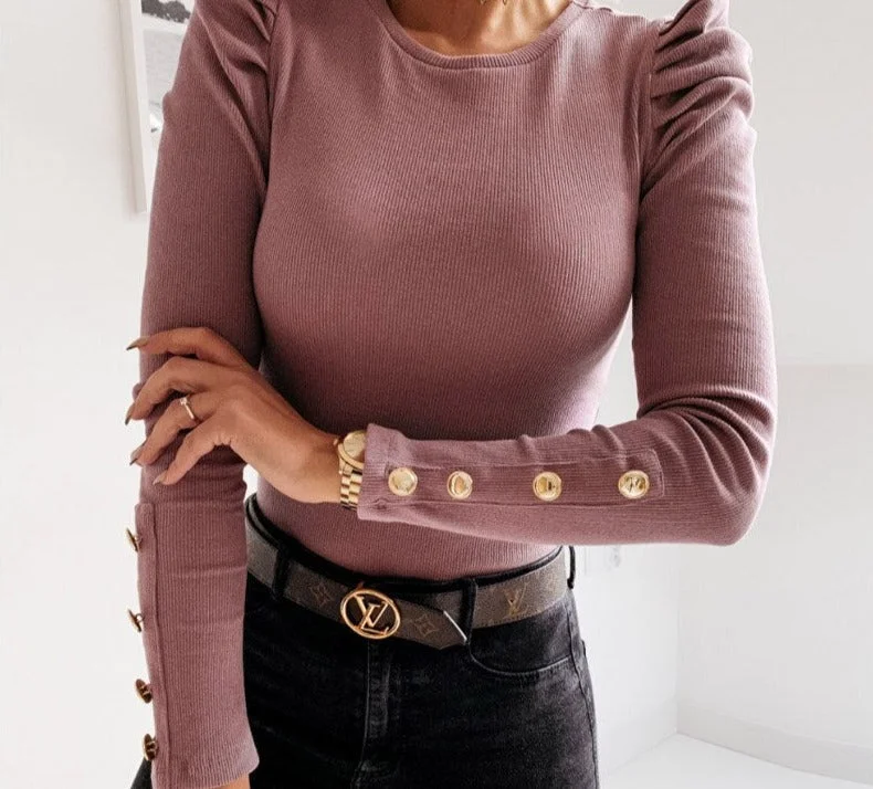 Bargain Prices Awakecrm Women Solid Buttons Rib Shirt Blouse Casual Spring Autumn Long Sleeve Blouses Elegant Female O Neck Knitted Pullover Tops Blusas