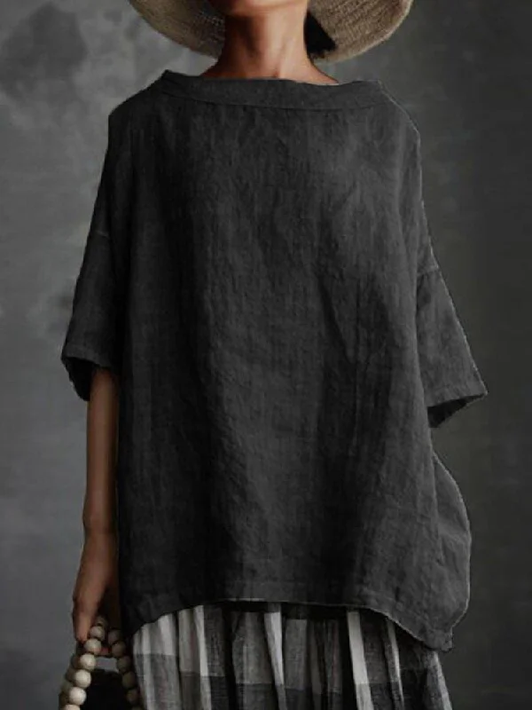 Deep Discounts Back to school  Women Vintage Harajuku Cotton And Linen Loose Blouses And Shirts Summer Casual Short Sleeve O Neck Oversized Tops Solid Blusas