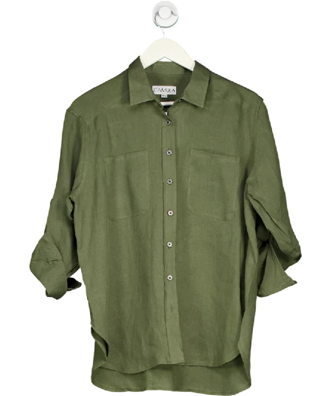 Act Now CAMIXA Luna Olive Green Oversized Linen Shirt With Pockets UK XS/S