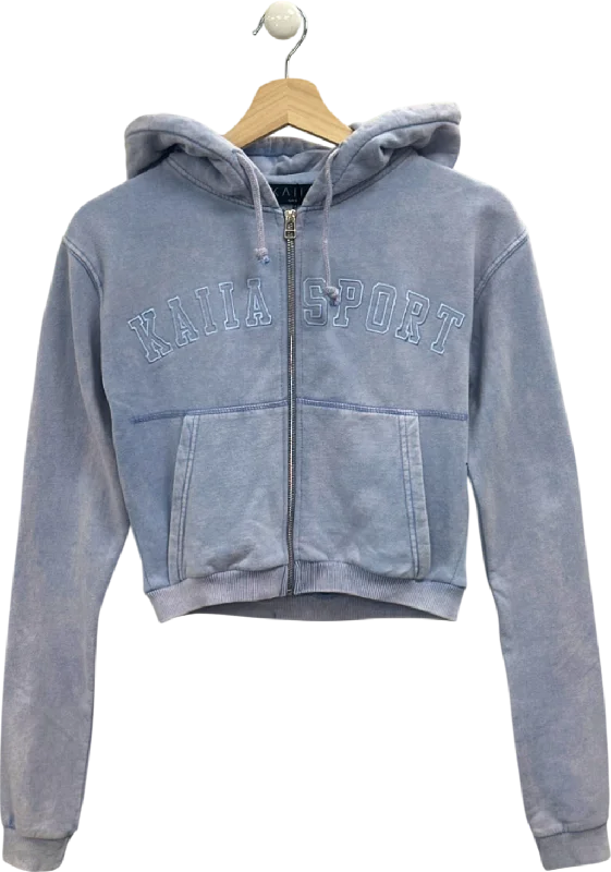 Special Offer Kaiia Washed Blue Applique Logo Zip Through Crop Hoodie UK 8