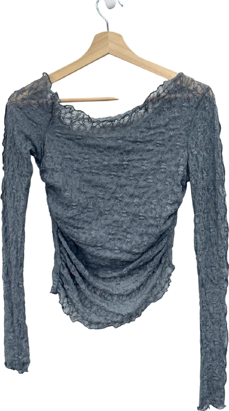 Hot Deal Pretty Little Thing Charcoal Textured Lace Off The Shoulder Long Top UK 8