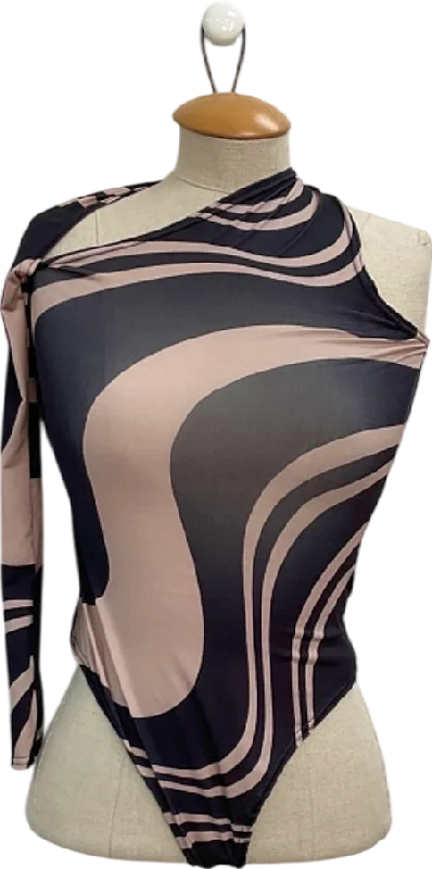 Lowest Price PrettyLittleThing Black Swirl Print One Shoulder Bodysuit UK 14