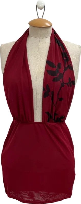 Time-Limited Offer PrettyLittleThing Dark Red Flower Printed Mesh Extreme Plunge Top UK 8