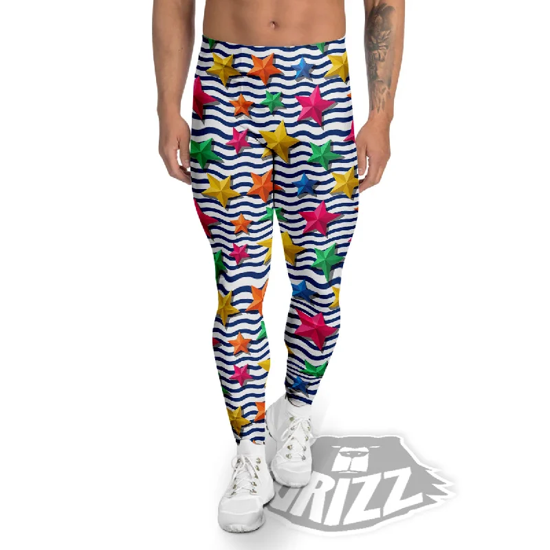 3D Stars And Blue Wave Print Pattern Men's Leggings