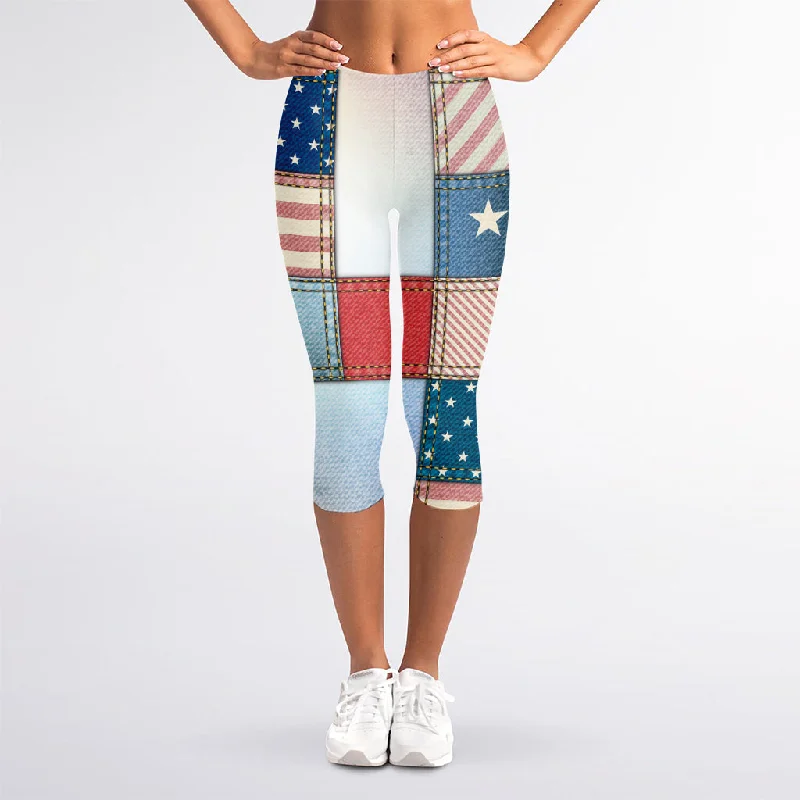 Clearance Sale 4th of July USA Denim Patchwork Print Women's Capri Leggings