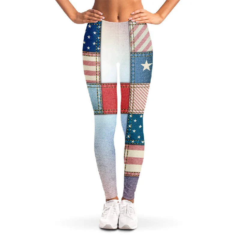 Limited Quantity 4th of July USA Denim Patchwork Print Women's Leggings