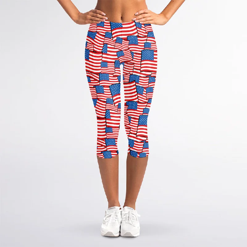 Early Bird Discount 4th of July USA Flag Pattern Print Women's Capri Leggings