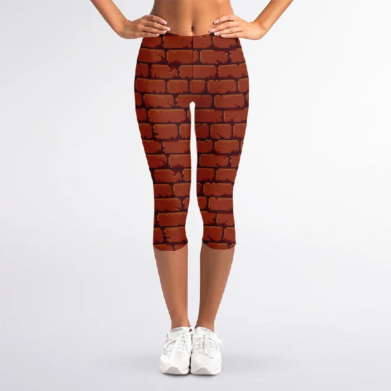 Special Price 8-Bit Pixel Brick Wall Print Women's Capri Leggings
