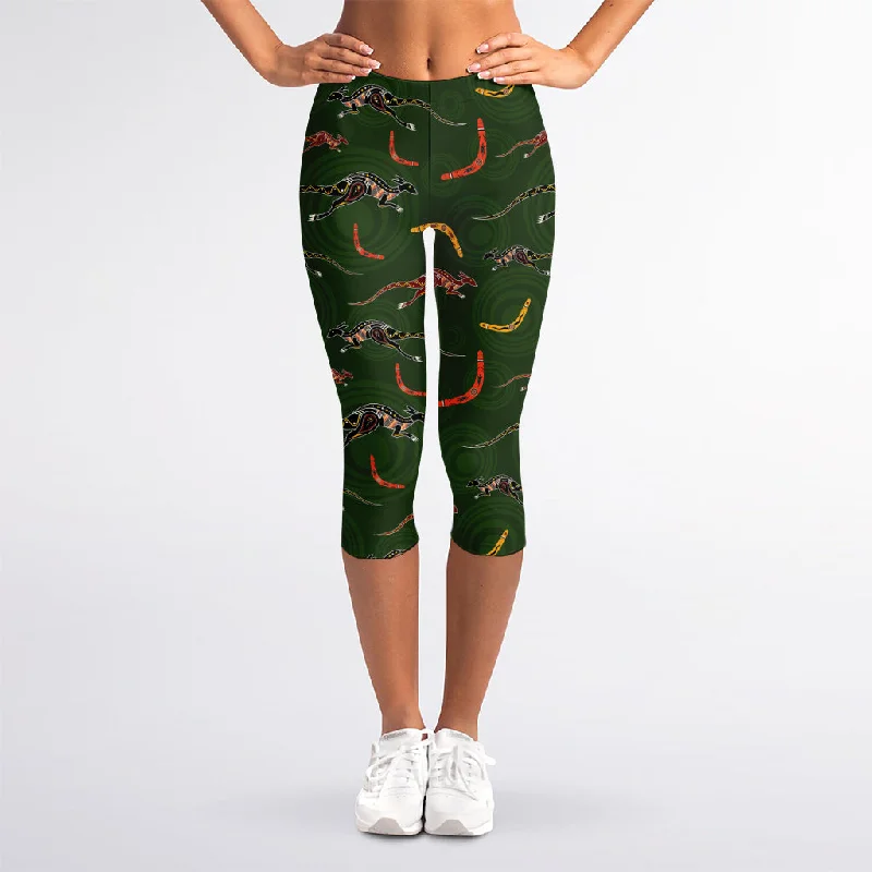 Best Bargains Aboriginal Boomerang And Kangaroo Print Women's Capri Leggings