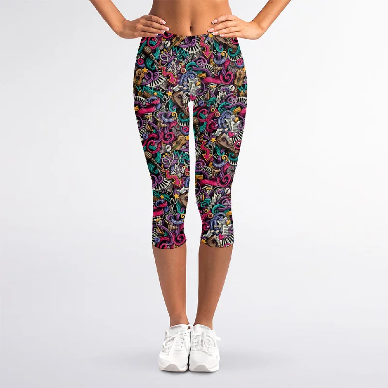 Exclusive Offers Abstract Music Pattern Print Women's Capri Leggings
