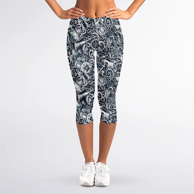 Final Sale Abstract Nautical Anchor Pattern Print Women's Capri Leggings
