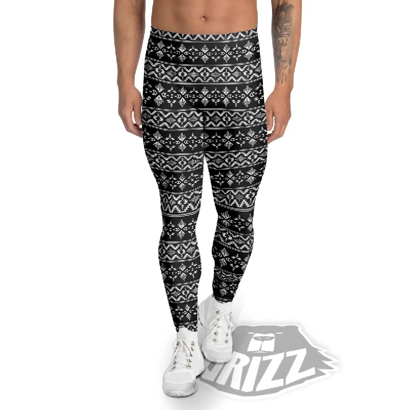 Abstract Navajo White And Black Print Men's Leggings