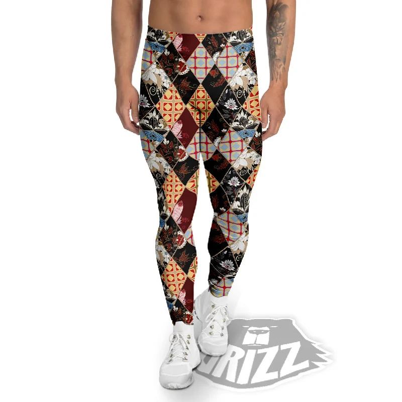 Abstract Patchwork Floral Print Pattern Men's Leggings