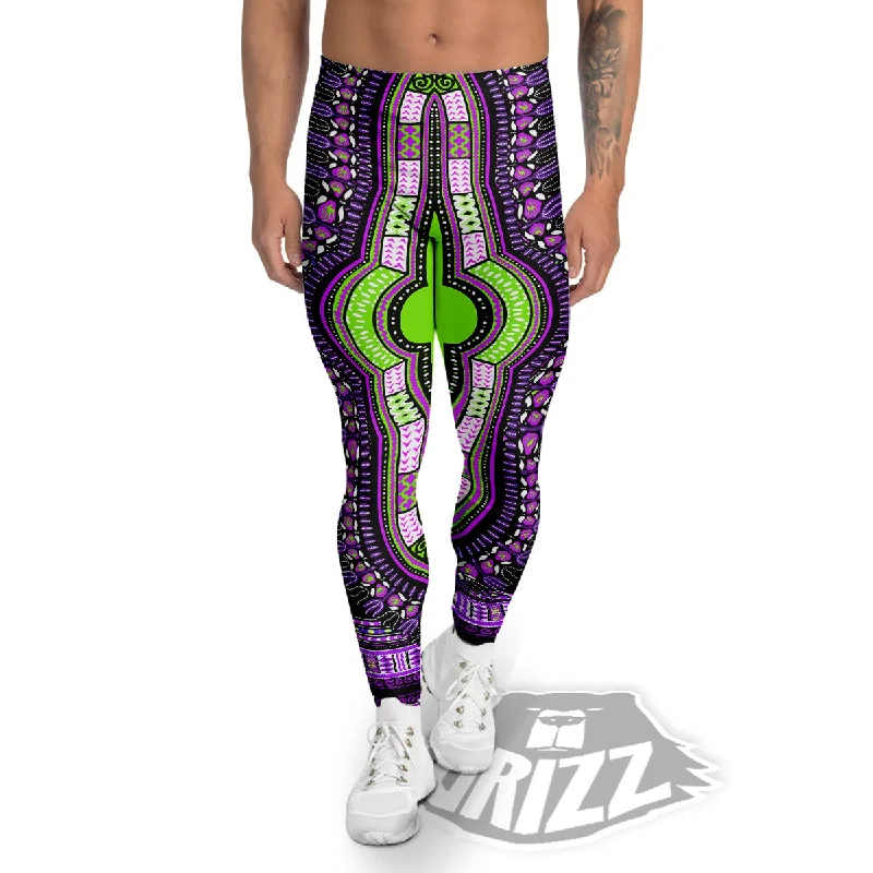 African Dashiki Purple And Black Print Men's Leggings