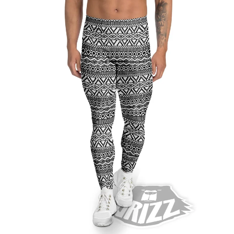 African Ethnic White And Black Print Men's Leggings