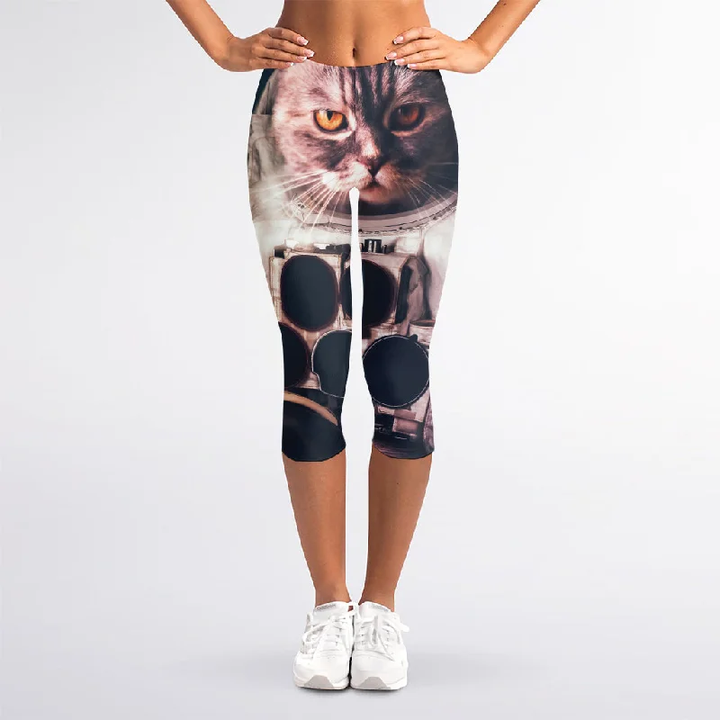 Limited Edition American Astronaut Cat Print Women's Capri Leggings