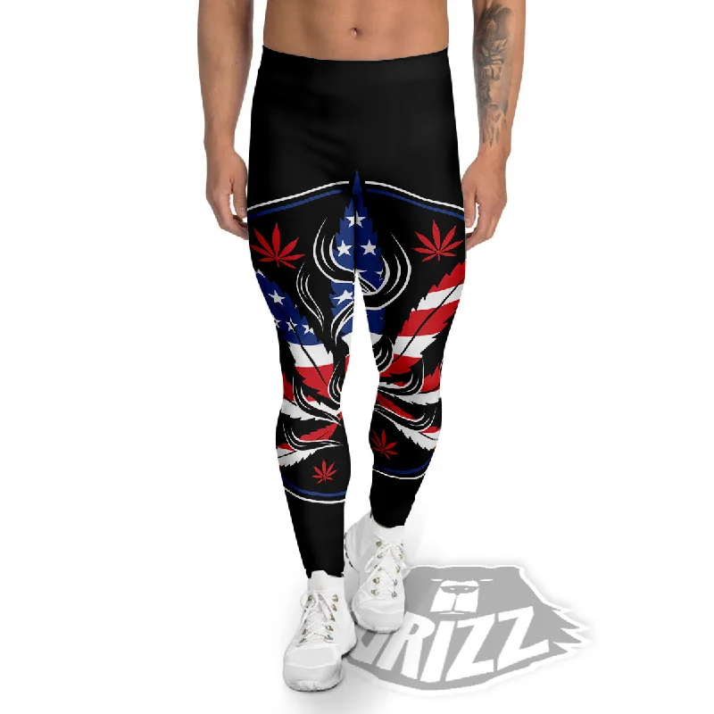 American Cannabis Leaf Flag Print Men's Leggings