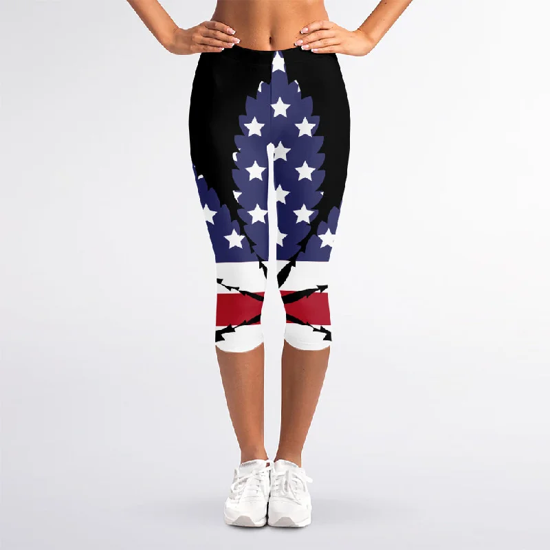 Doorbuster Deal American Cannabis Leaf Flag Print Women's Capri Leggings