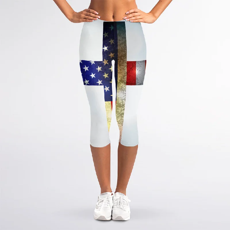 Members Only American Christian Cross Flag Print Women's Capri Leggings