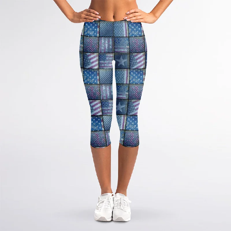 Year-End Clearance American Denim Patchwork Pattern Print Women's Capri Leggings