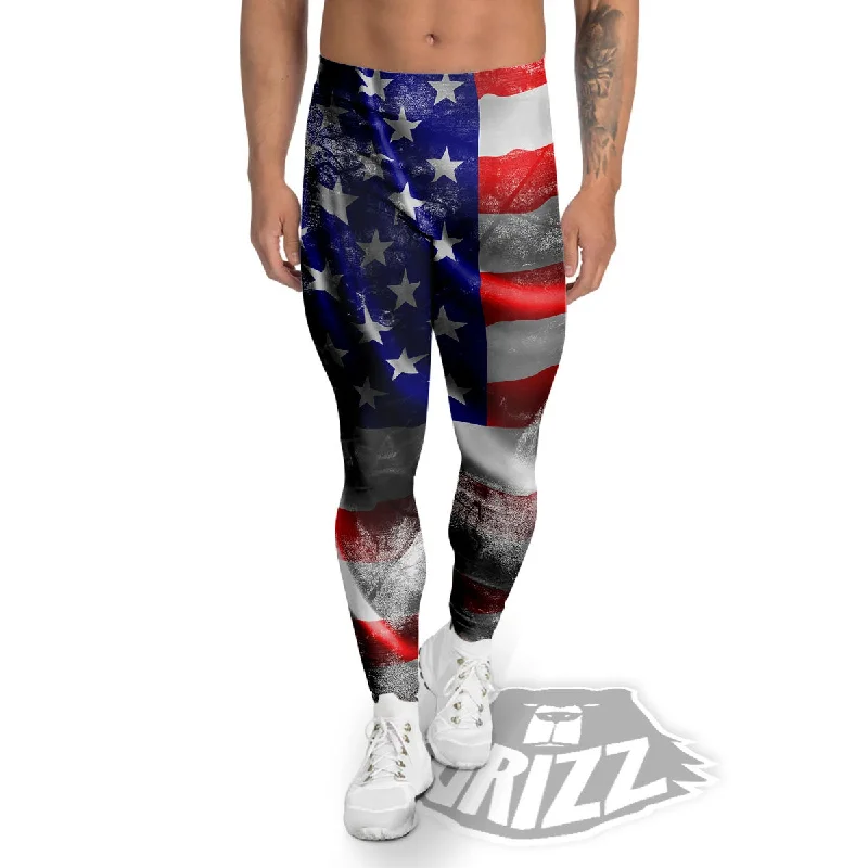 Extra Discounts American Flag Grunge Ripped Paper Print Men's Leggings