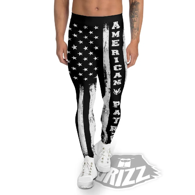 American Flag Grunge White And Black Print Men's Leggings