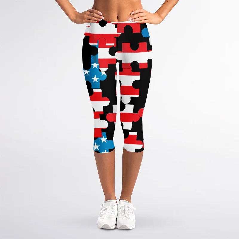 Sale Event American Flag Jigsaw Puzzle Print Women's Capri Leggings