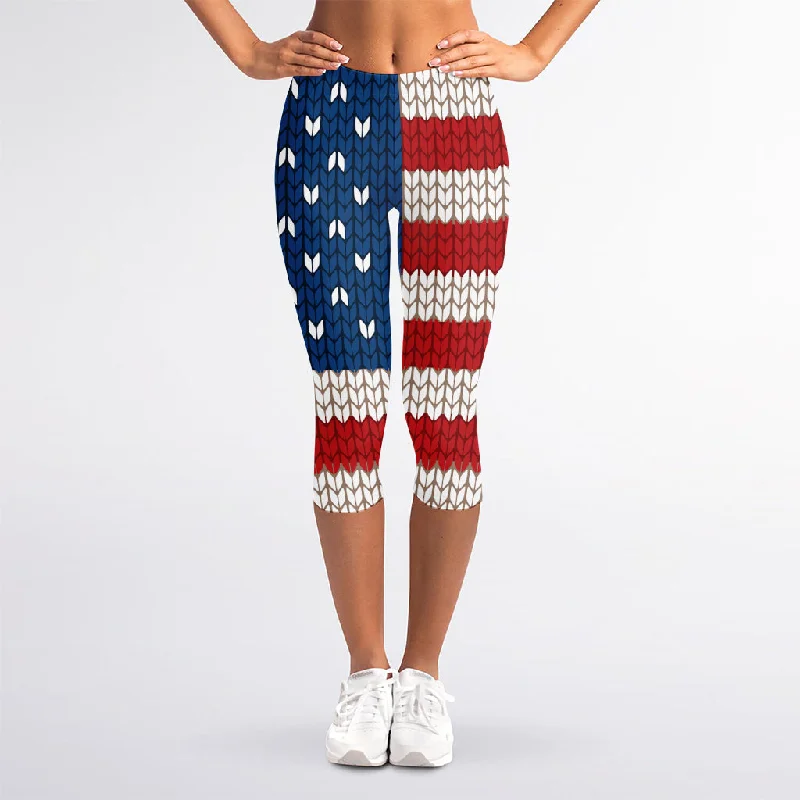 Flash Sale American Flag Knitted Print Women's Capri Leggings