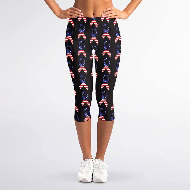 Special Discount American Flag Ribbon Pattern Print Women's Capri Leggings