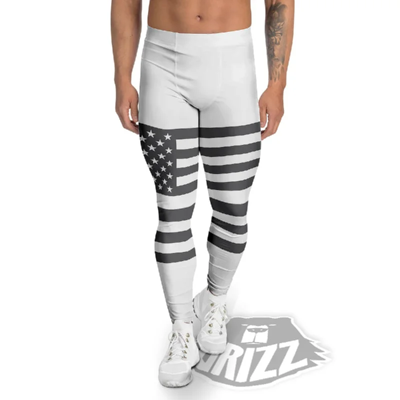 Flash Deals American Flag White And Grey Print Men's Leggings