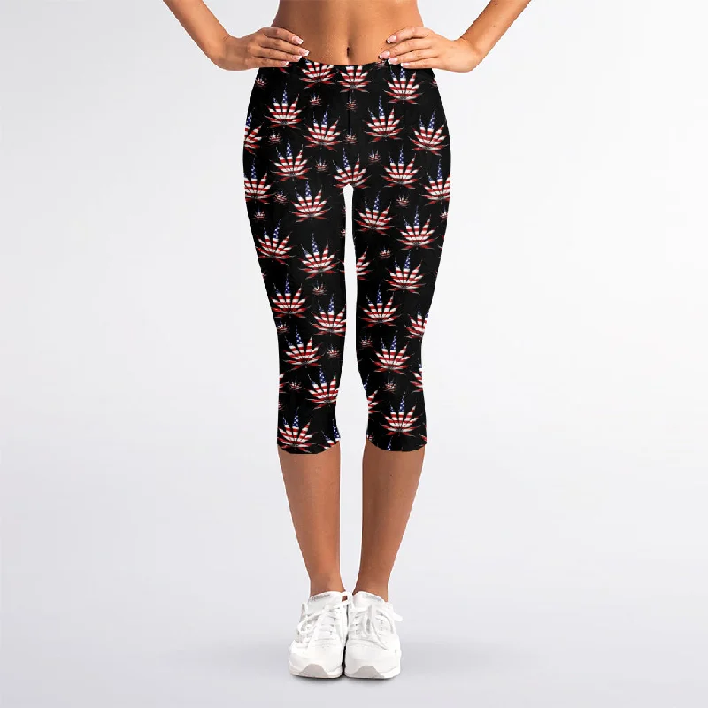 Extra Savings American Marijuana Leaf Pattern Print Women's Capri Leggings